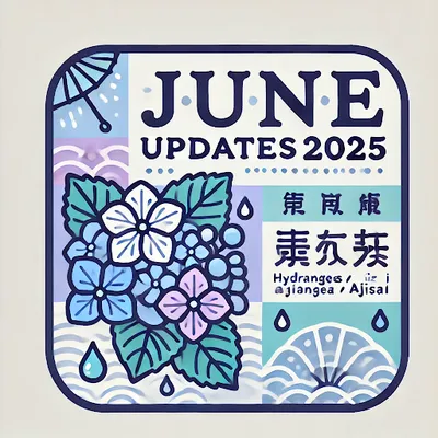June Updates inspired by Japan's rainy season (Tsuyu), featuring hydrangeas and raindrops